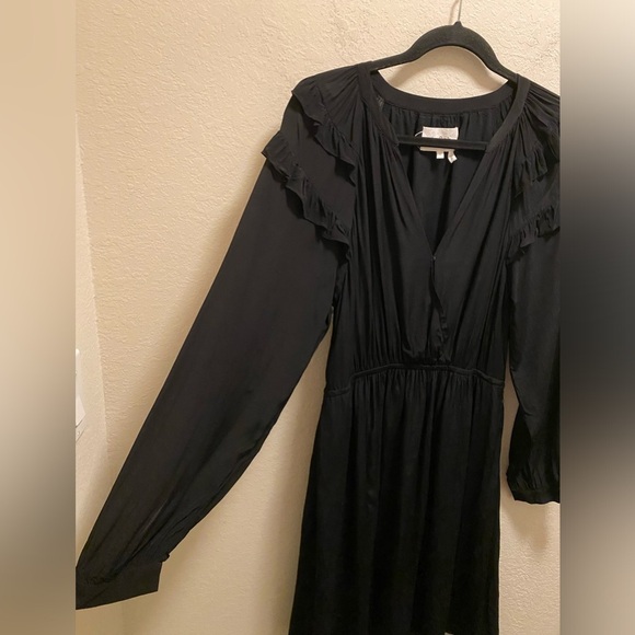 Ba&Sh Black Long Sleeve Ruffle Detail Split Neck Crossover Mini Dress Size L - Picture 5 of 10